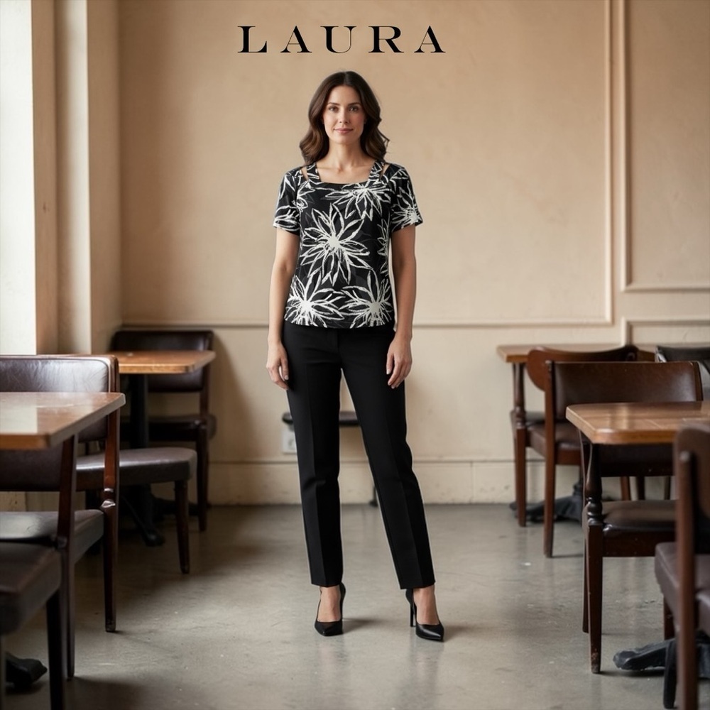Laura, Cold Shoulder Black & White Floral Stretch Top, XL